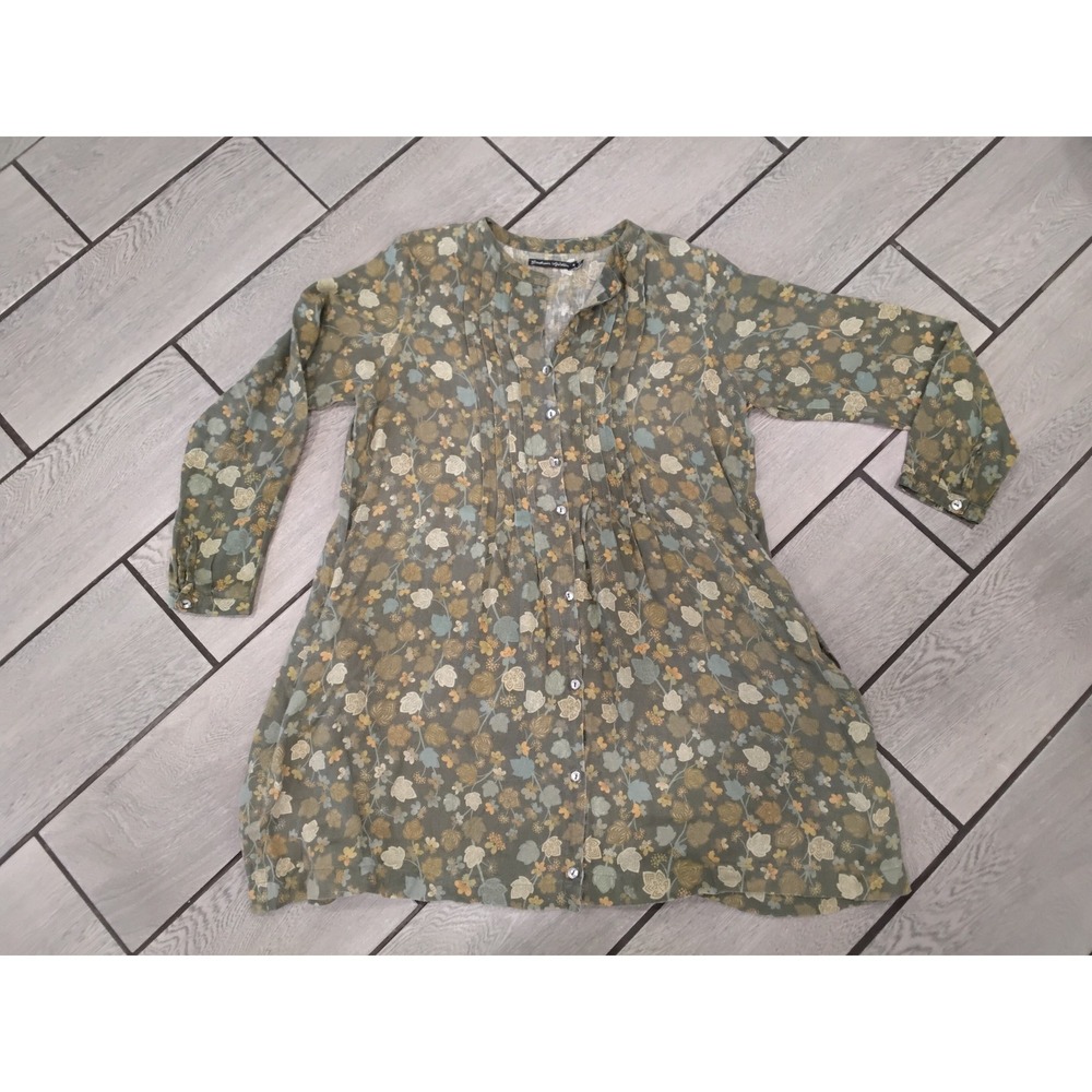 Gudrun Sjoden Hemp Floral Pintuck Tunic Shirt Green M Pocket Button Front